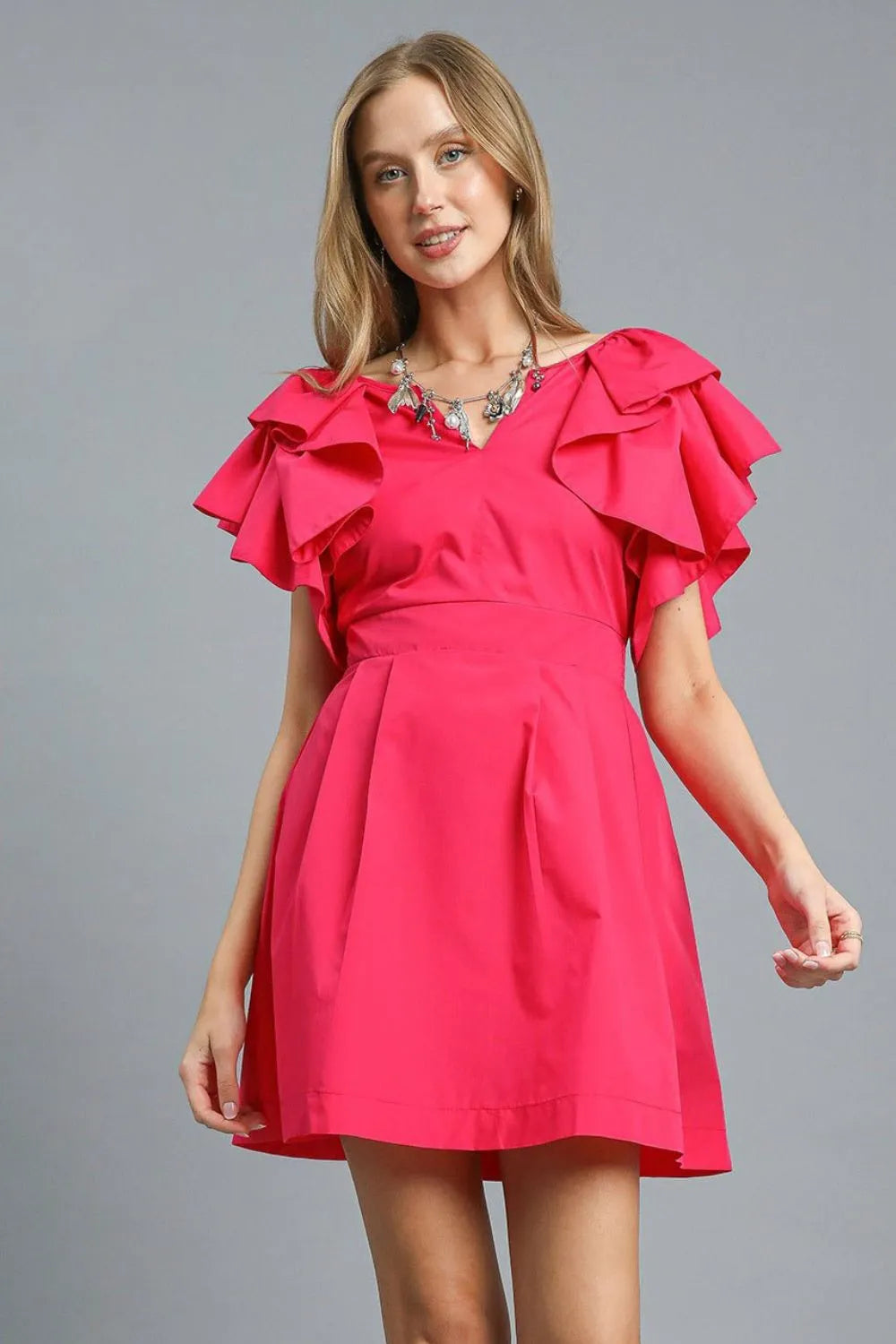 Deep Rose Umgee Double Ruffle Sleeve Fit And Flare Dress 1