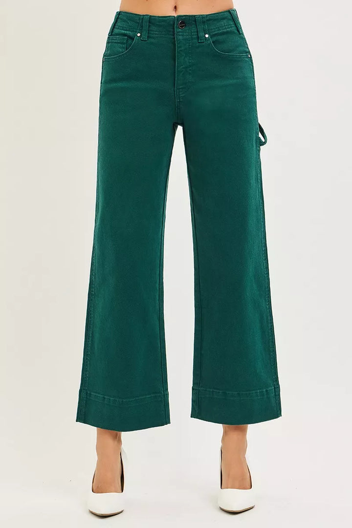 Hunter Green Risen Tummy Control High Rise Crop Wide No Waist Band Pants 1