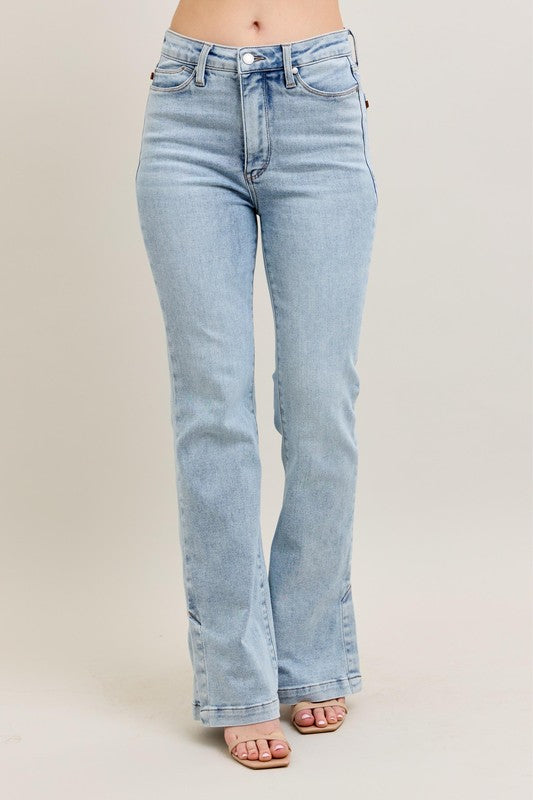 Light Judy Blue Full Size Tummy Control Vintage Wash Side Slit Slim Boot Jeans Plus Size