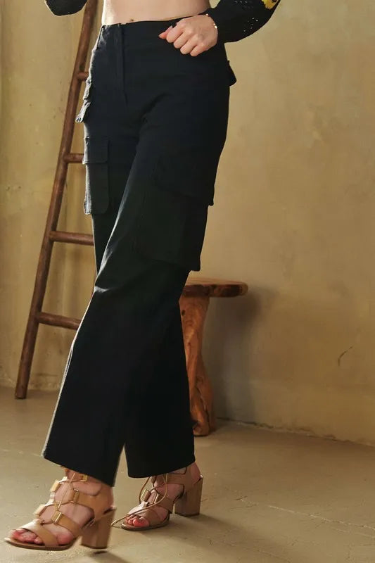 Black Davi Dani Flap Pocket Mid Rise Cargo Pants