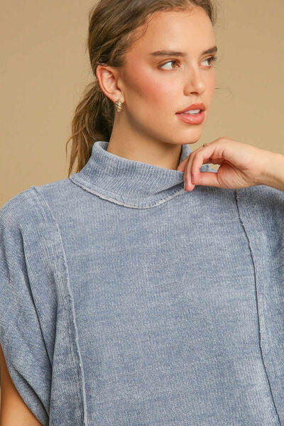 Light Blue Umgee Solid Color Mock Neck Short Sleeve Top 1