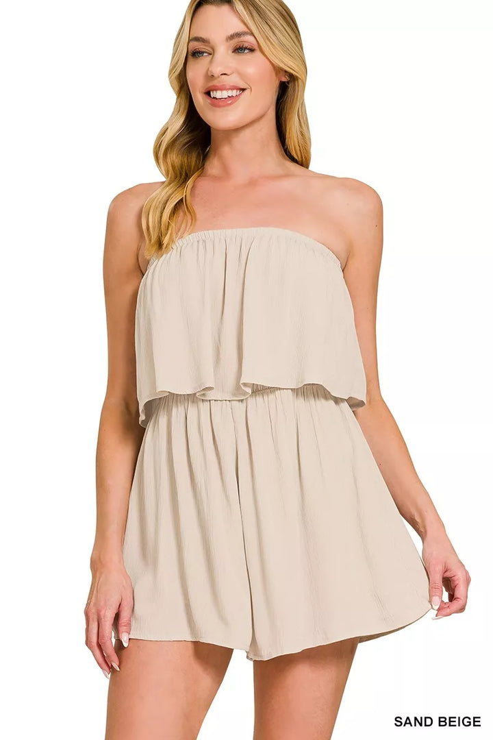 Sand Beige Zenana Woven Crinkle Strapless Rompers 2