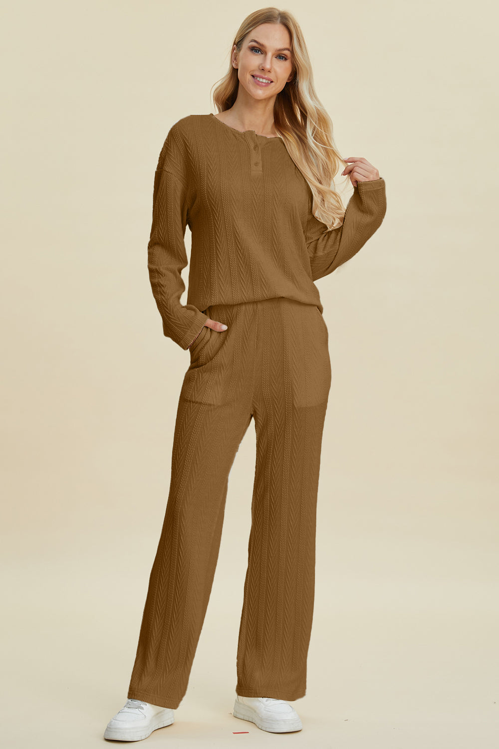 Black Double Take Full Size Cable Knit Long Sleeve Top And Pants Set