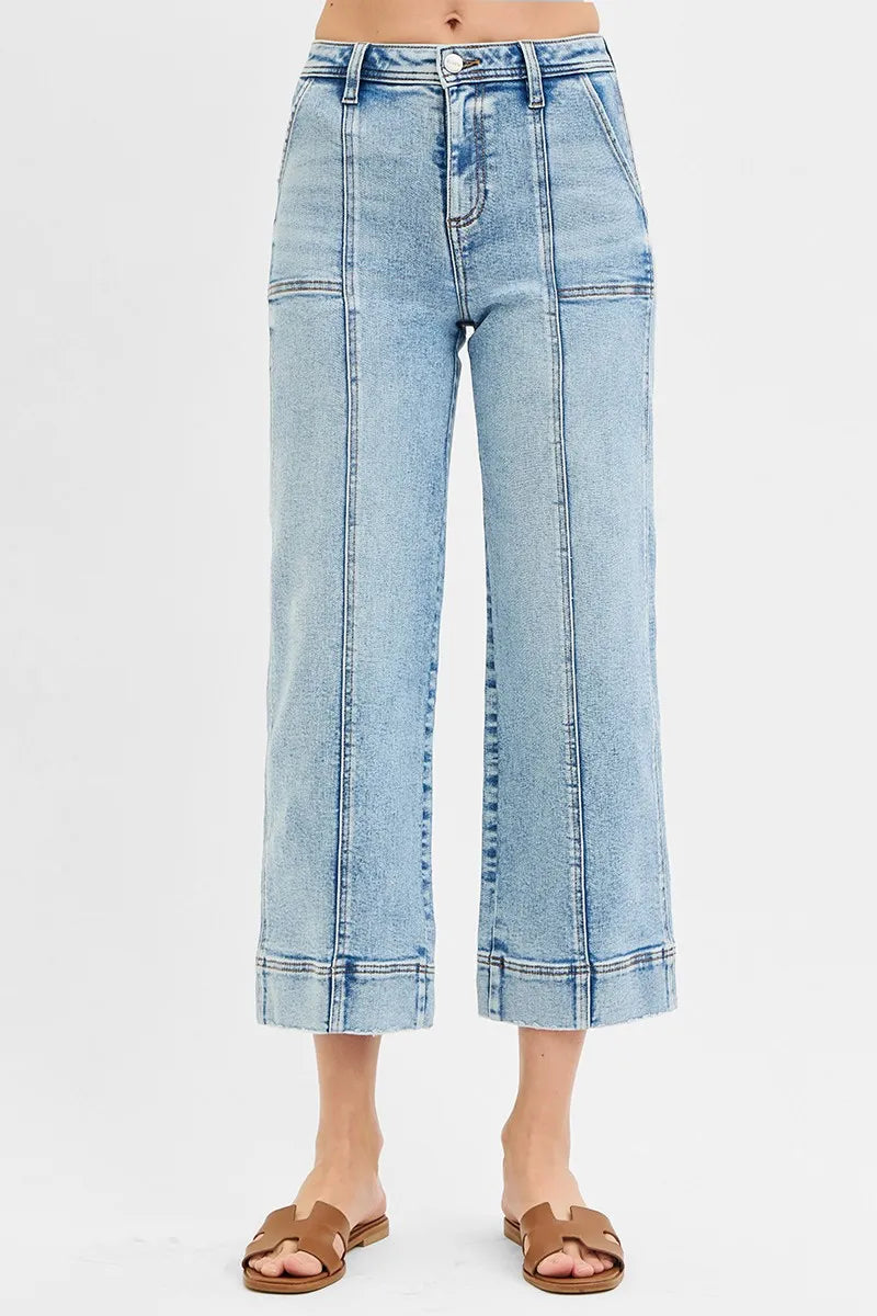 Light Risen Full Size High Rise Crop Wide Front Seam Detailed Jeans Plus Size