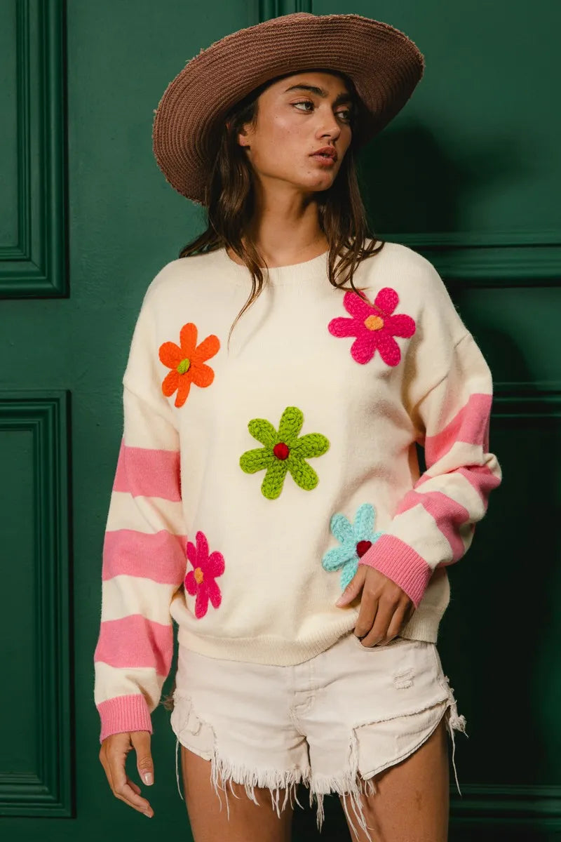 Bibi Colorful Floral Patched Sweater With Striped Sleeve