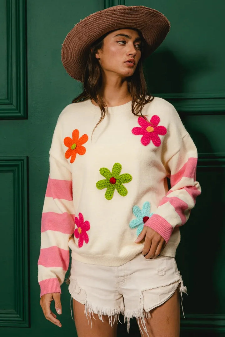 Bibi Colorful Floral Patched Sweater With Striped Sleeve