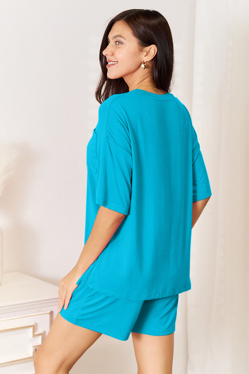 Sky Blue Basic Bae Full Size Soft Rayon Half Sleeve Top And Shorts Set