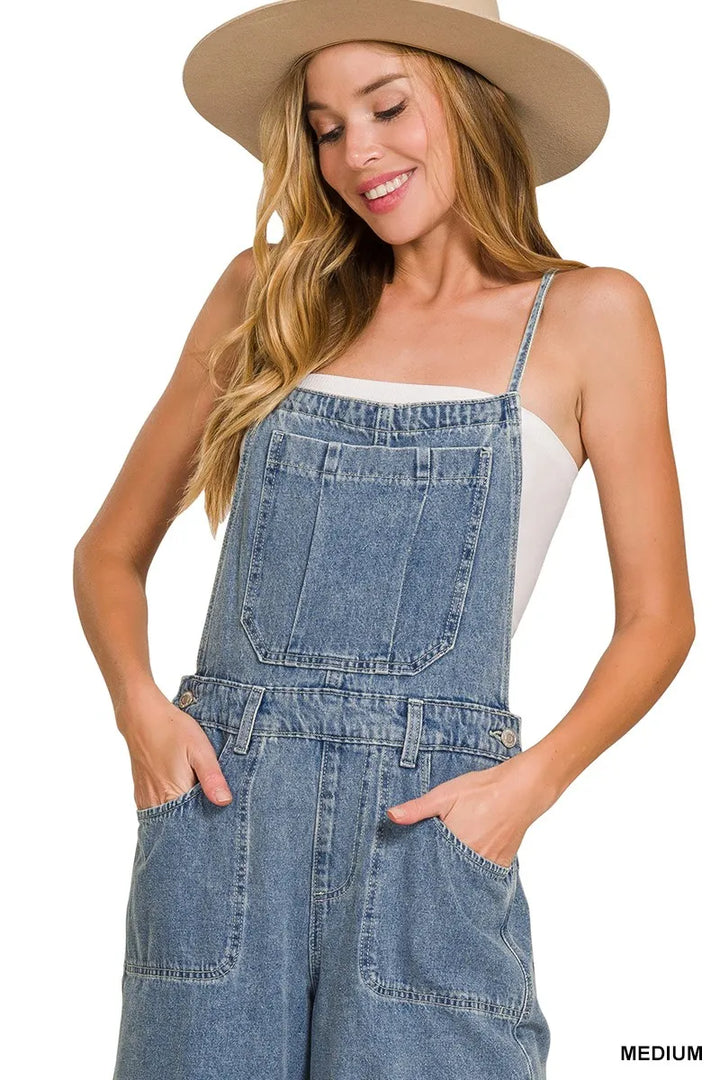 Zenana Denim Medium Washed Wide Leg Overalls