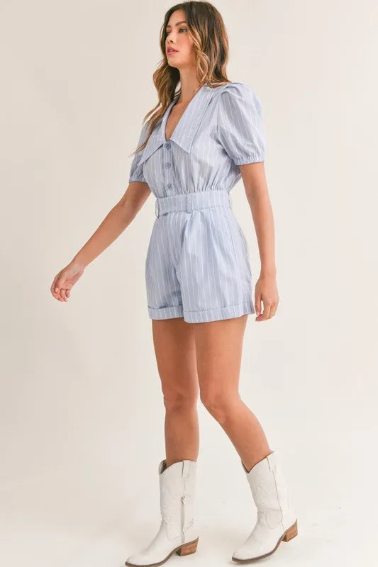 Mable Striped Puff Sleeve Collared Neck Romper 1