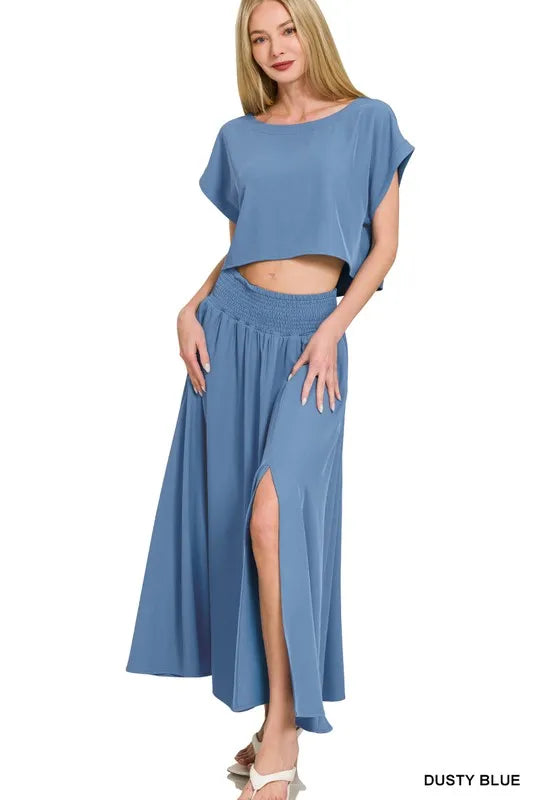 Zenana Woven Crinkle Gauze Crop Tee And Skirt Set 3