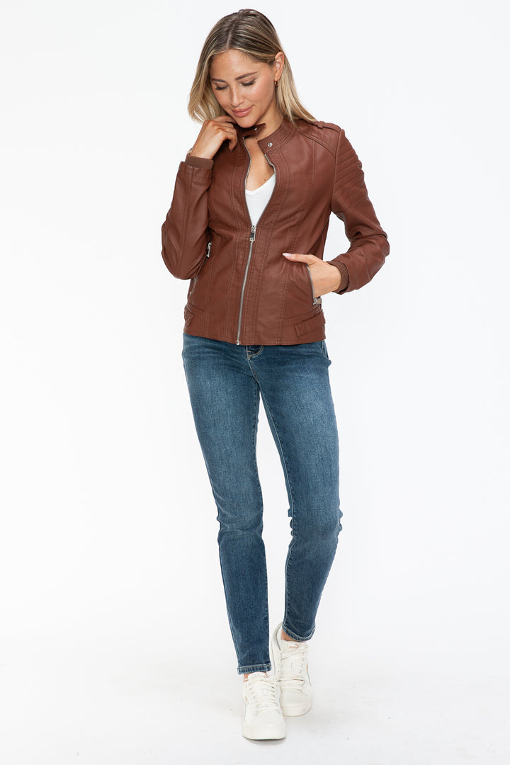 Snobbish Pu Leather Biker Jacket With Side Zip Pockets 4