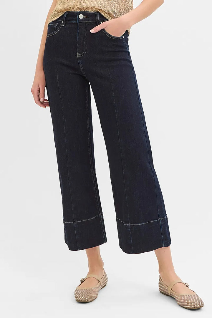 Solid Dark Risen Tummy Control High Rise Crop Wide Seam Detailed Jeans