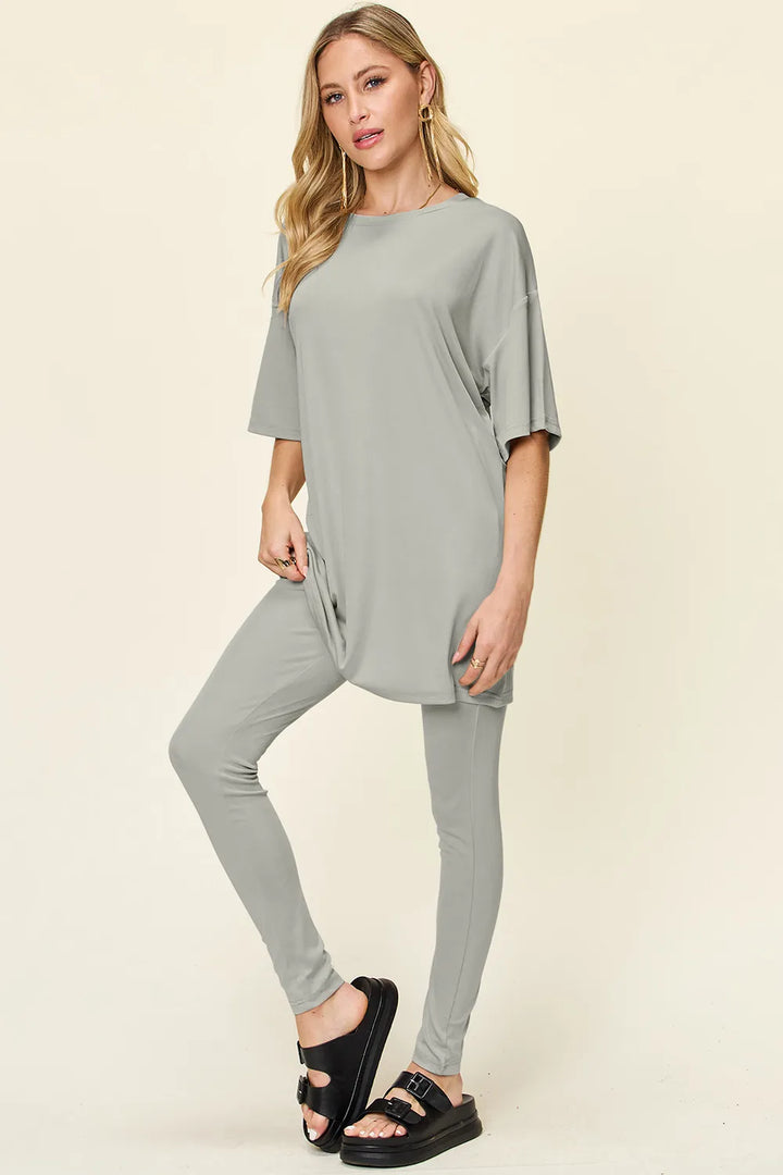 Light Green Double Take Full Size Round Neck Dropped Shoulder T Shirt And Leggings Set