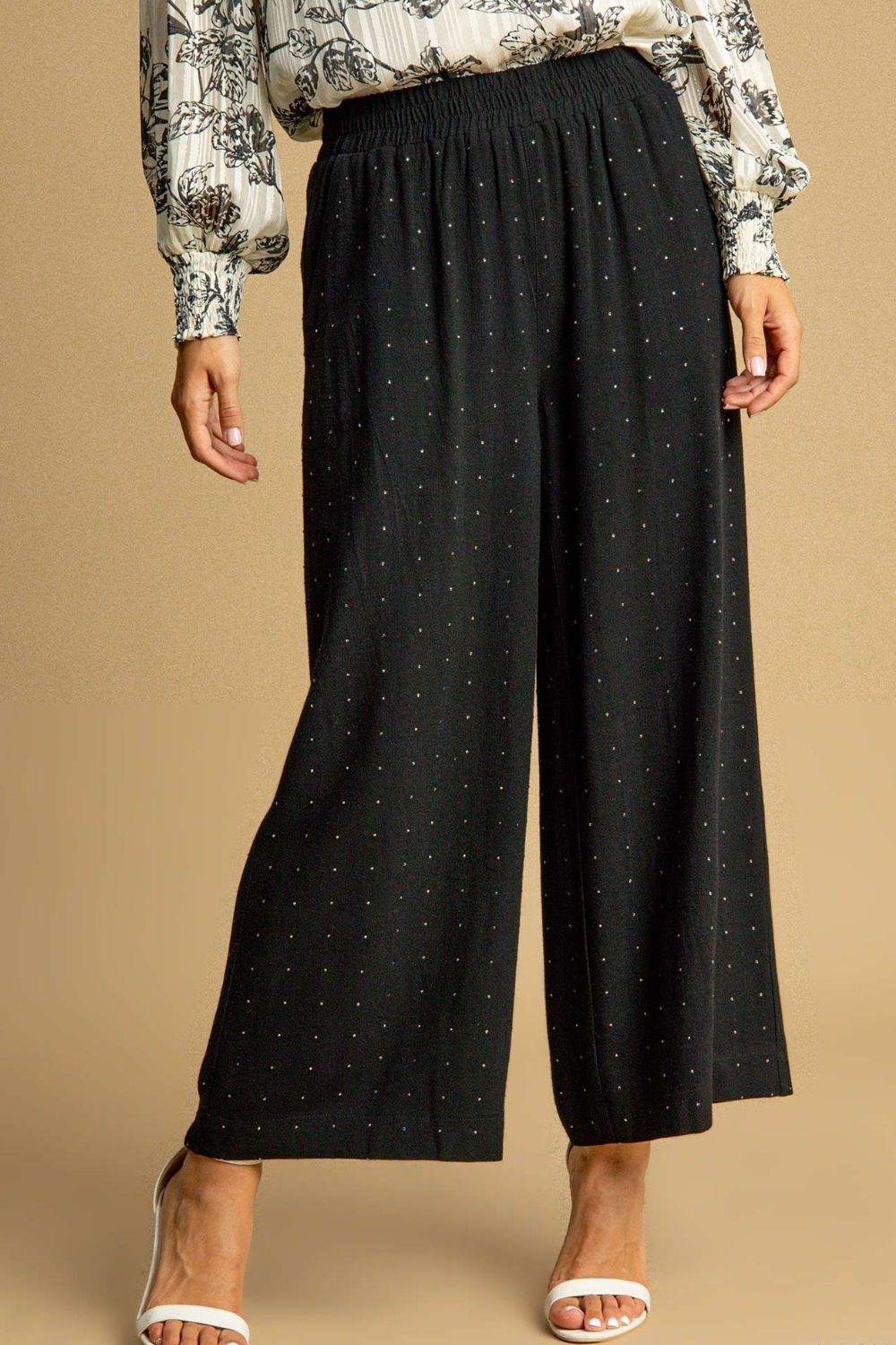 Black Umgee Full Size High Waisted Embellished Linen Pants Plus Size