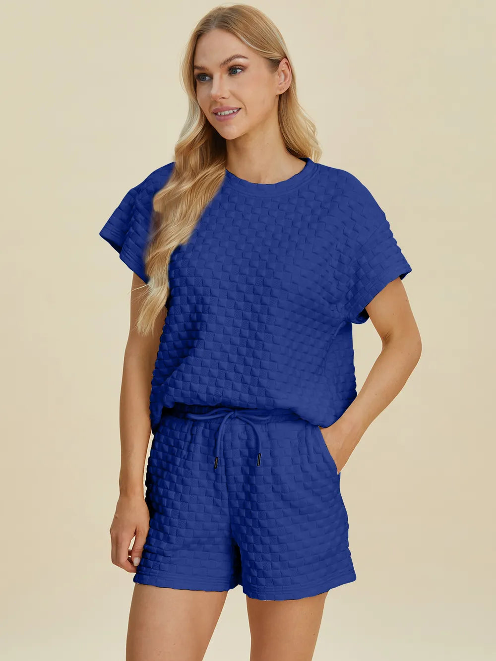 Royal Blue Double Take Full Size Texture T Shirt And Shorts Set