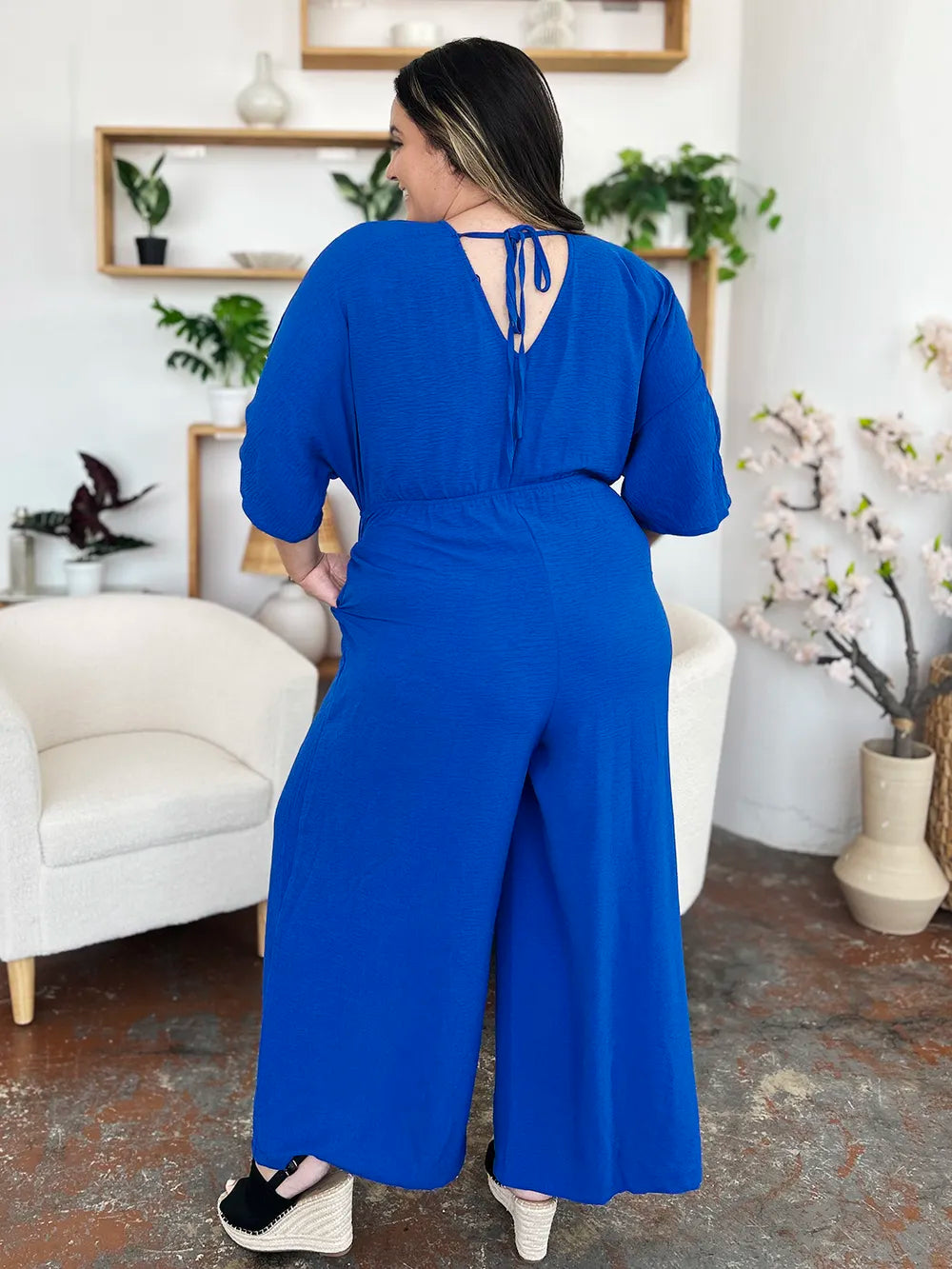 Mid Green Double Take Full Size Surplice Wide Leg Jumpsuit With Pockets