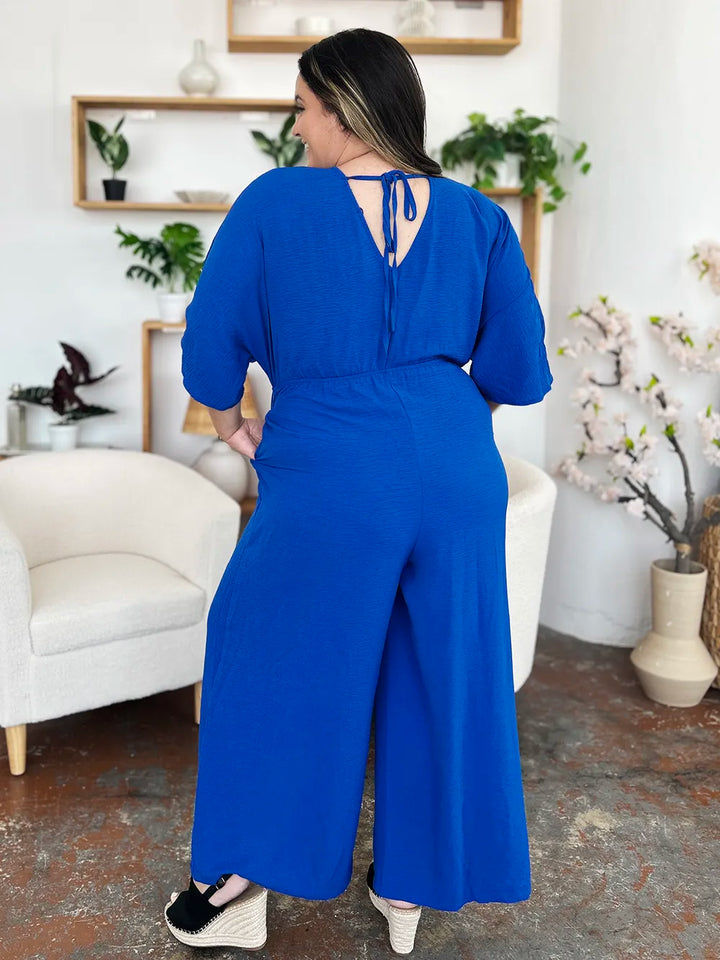 Mid Green Double Take Full Size Surplice Wide Leg Jumpsuit With Pockets