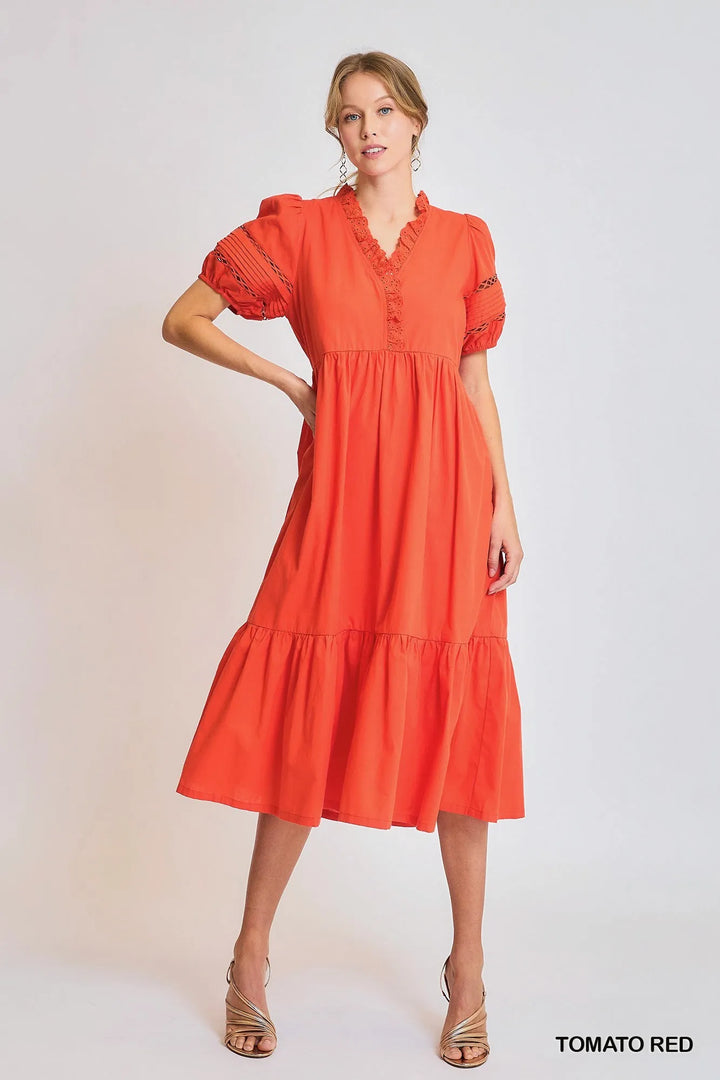 Umgee Short Sleeve Lace Trim Ruffled Midi Dress