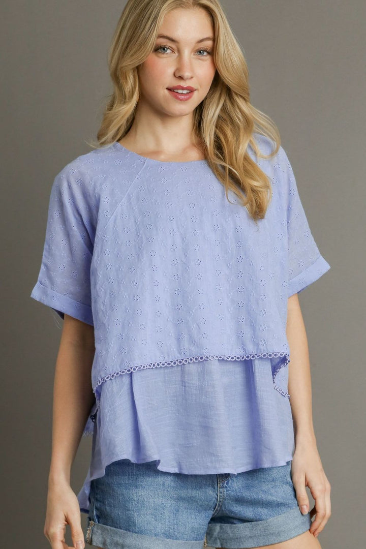 Light Blue Umgee Full Size Eyelet Layered Short Sleeve Blouse Plus Size
