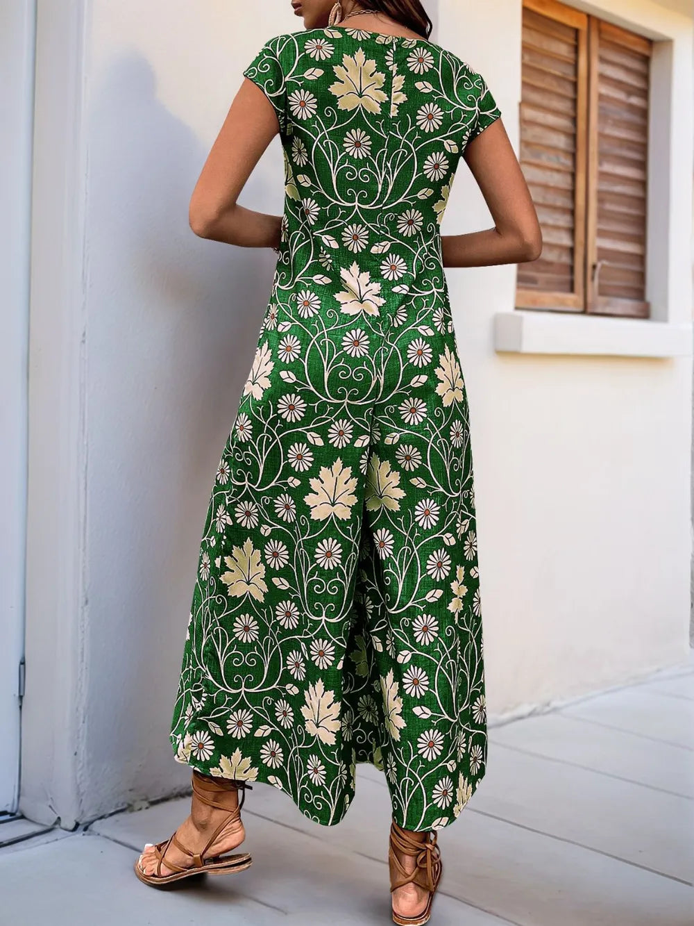 Dark Green Perfee Printed Round Neck Cap Sleeve Wide Leg Jumpsuit