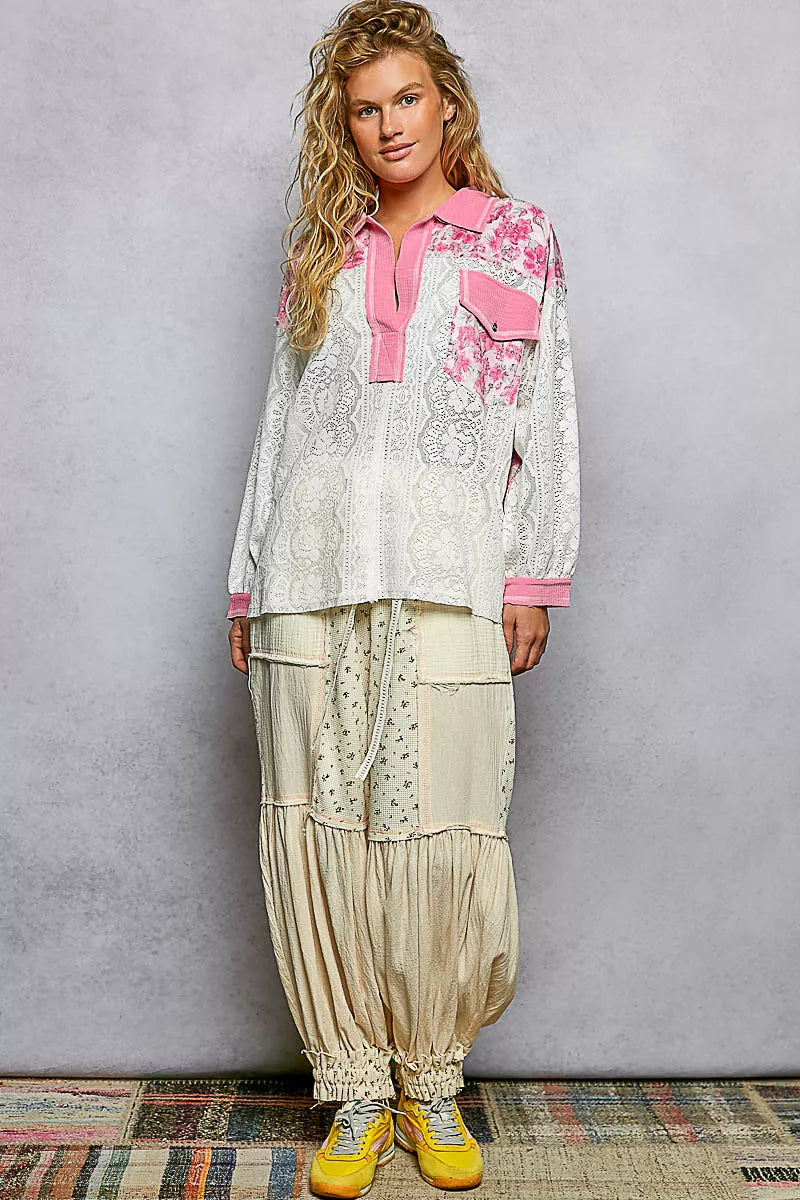 Pol Floral Print Long Sleeve Lace Shirt With Front Pocket