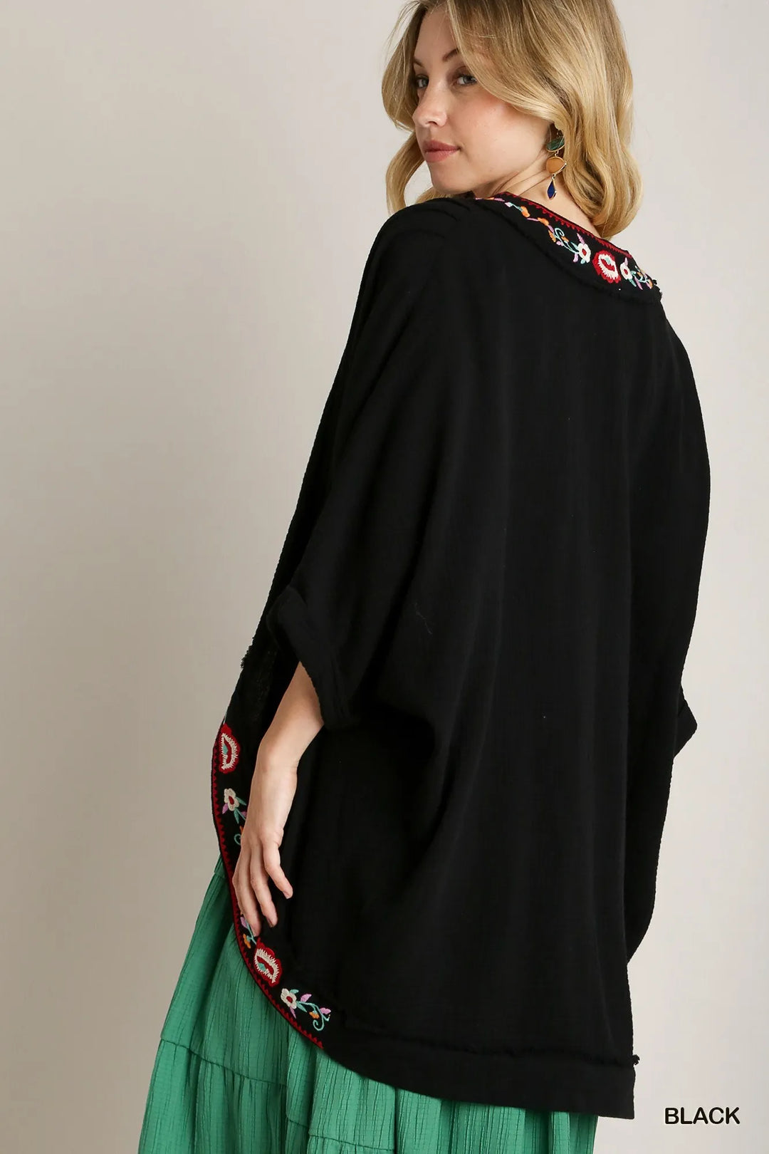 Black Umgee Embroidery Open Front Kimono With Pleated Shoulder Detail