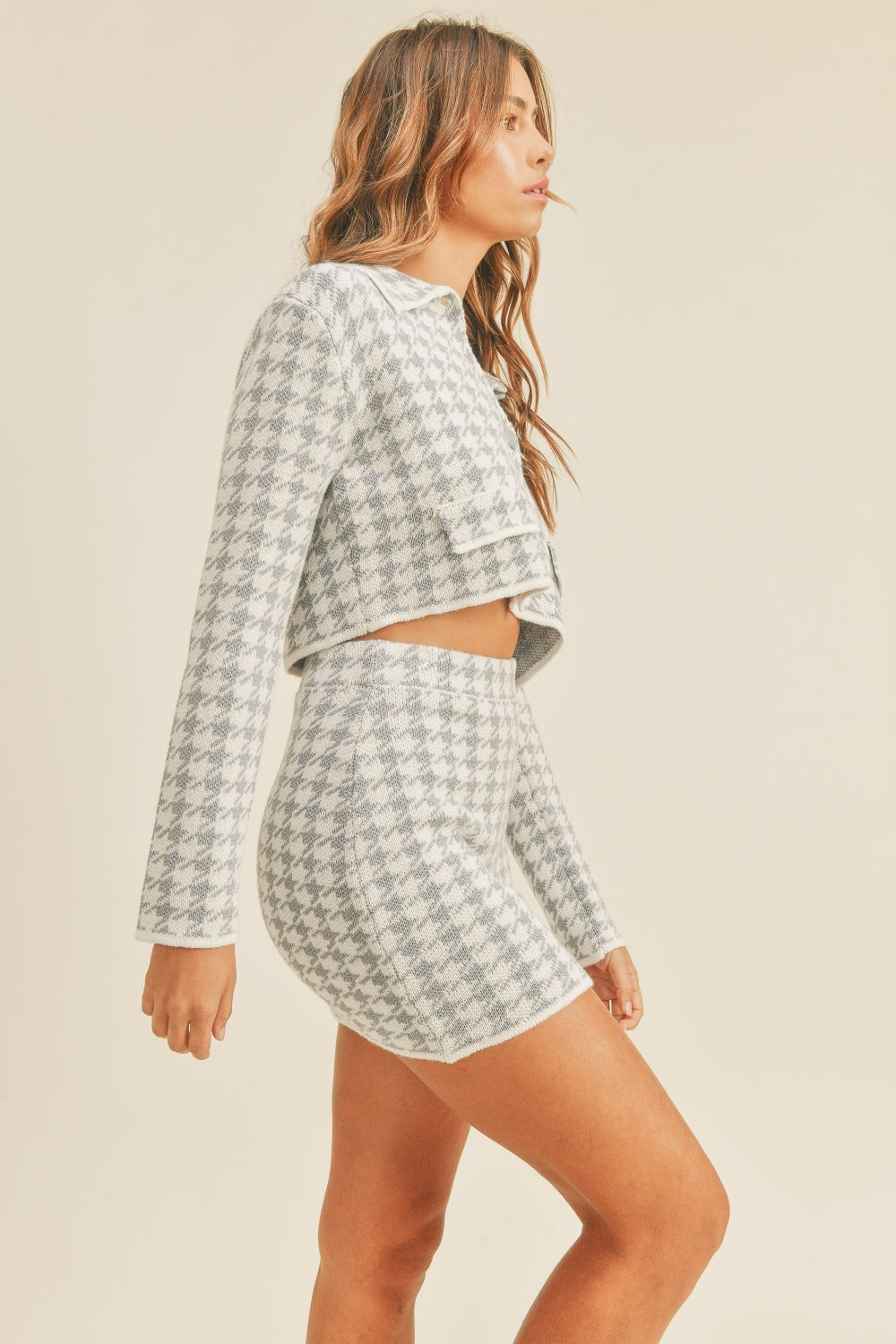 Mable Houndstooth Cropped Knit Cardigan And Mini Skirt Set