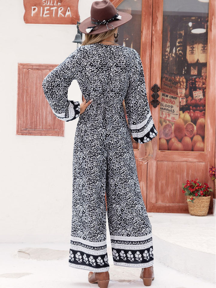 Navy Printed Long Sleeve Wide Leg Jumpsuit
