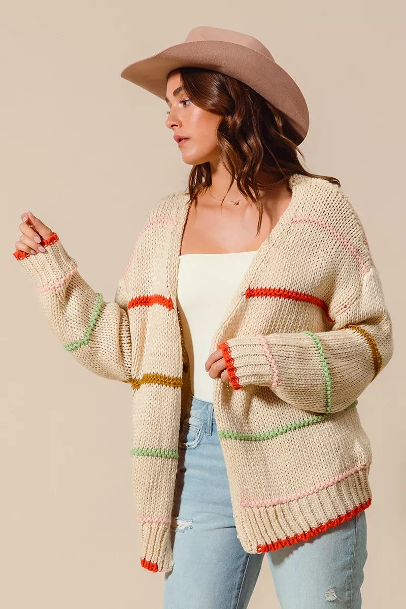 Oatmeal So Me Loose Fit Multi Stripe Open Front Cardigan