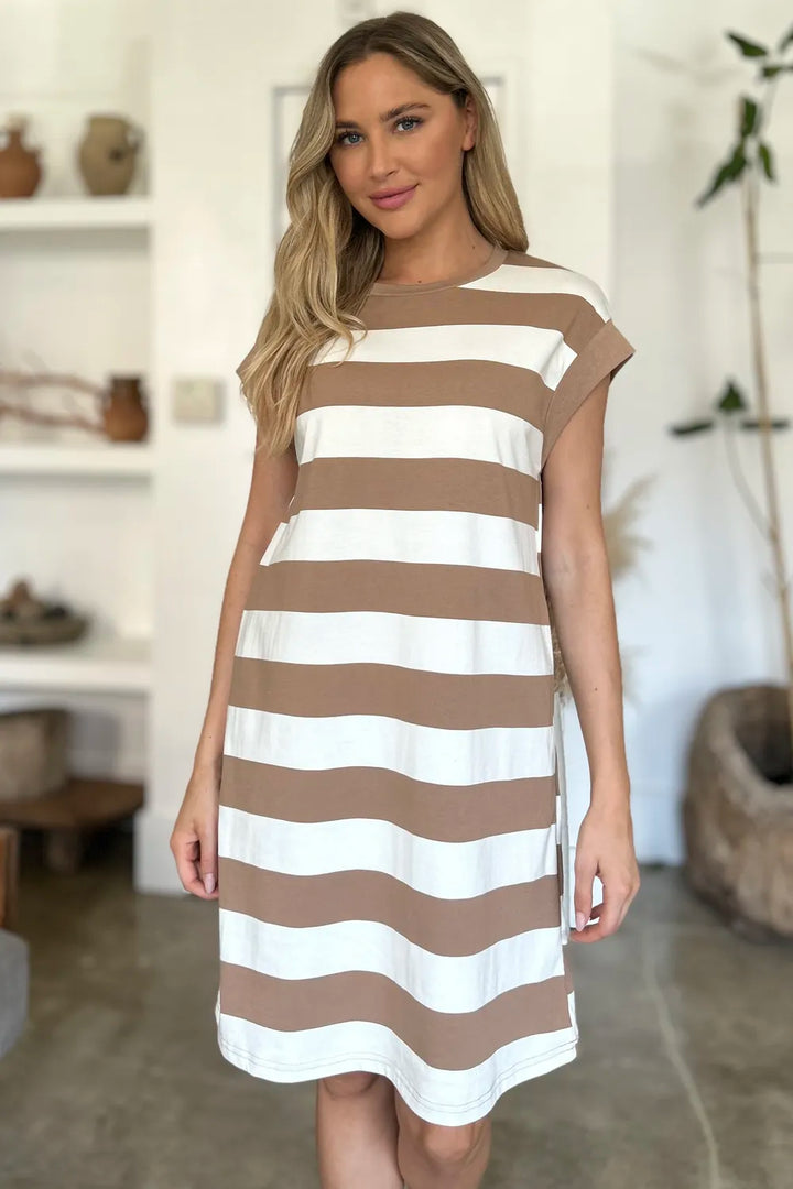 Camel Basic Bae Full Size Striped Round Neck Cap Sleeve Mini Dress