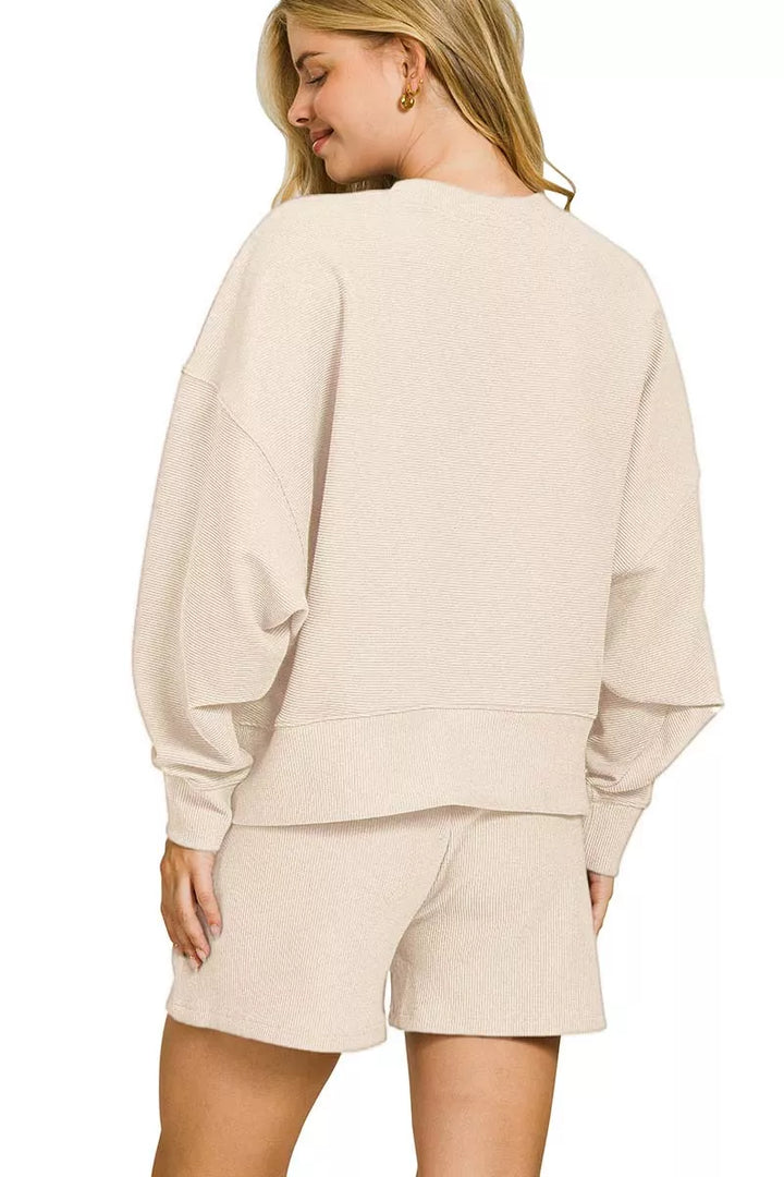 Sand Beige Zenana Ribbed Round Neck Pullover And Shorts Set 1