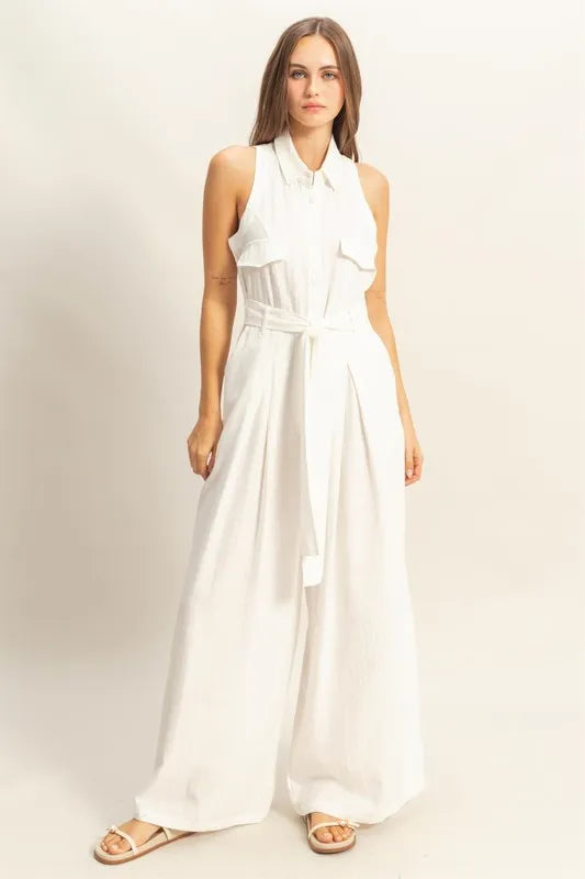 White Hyfve Sleeveless Tie Waist Wide Leg Jumpsuit