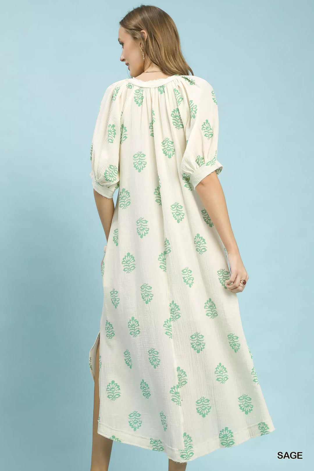 Sage Umgee Printed Cotton Gauze Midi Dress