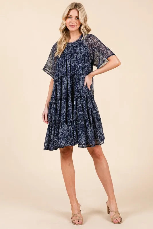 Navy Combo Lime N Chili Ditsy Floral Print Sheer Ruffle Detail Mini Dress
