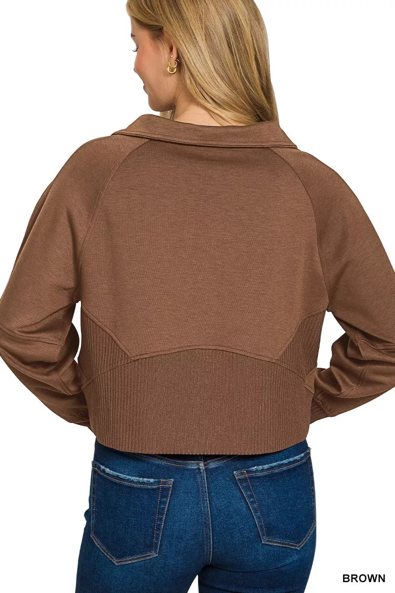 Brown Zenana Scuba Full Zip Cropped Jacket With Pockets