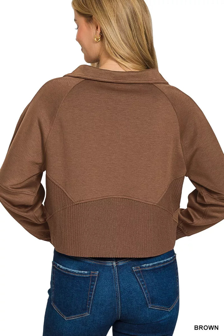 Brown Zenana Scuba Full Zip Cropped Jacket With Pockets