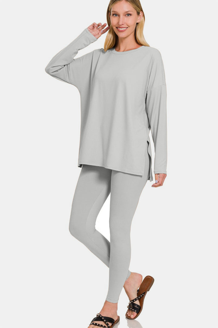 Lt Grey Zenana Full Size Brushed Microfiber Top And Leggings Lounge Set 1