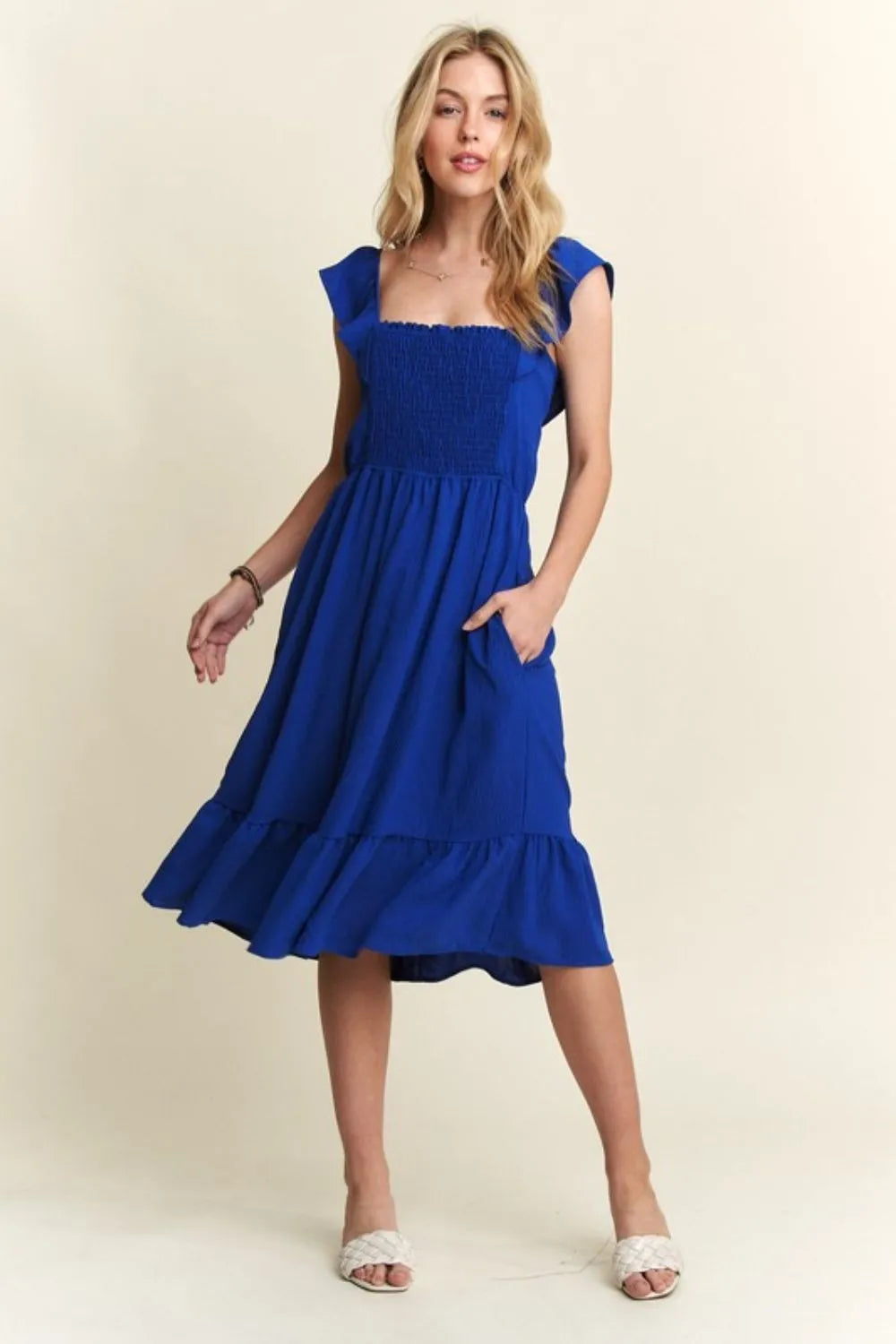 Adora Smocked Square Neck Ruffled Cap Sleeve Dress 1