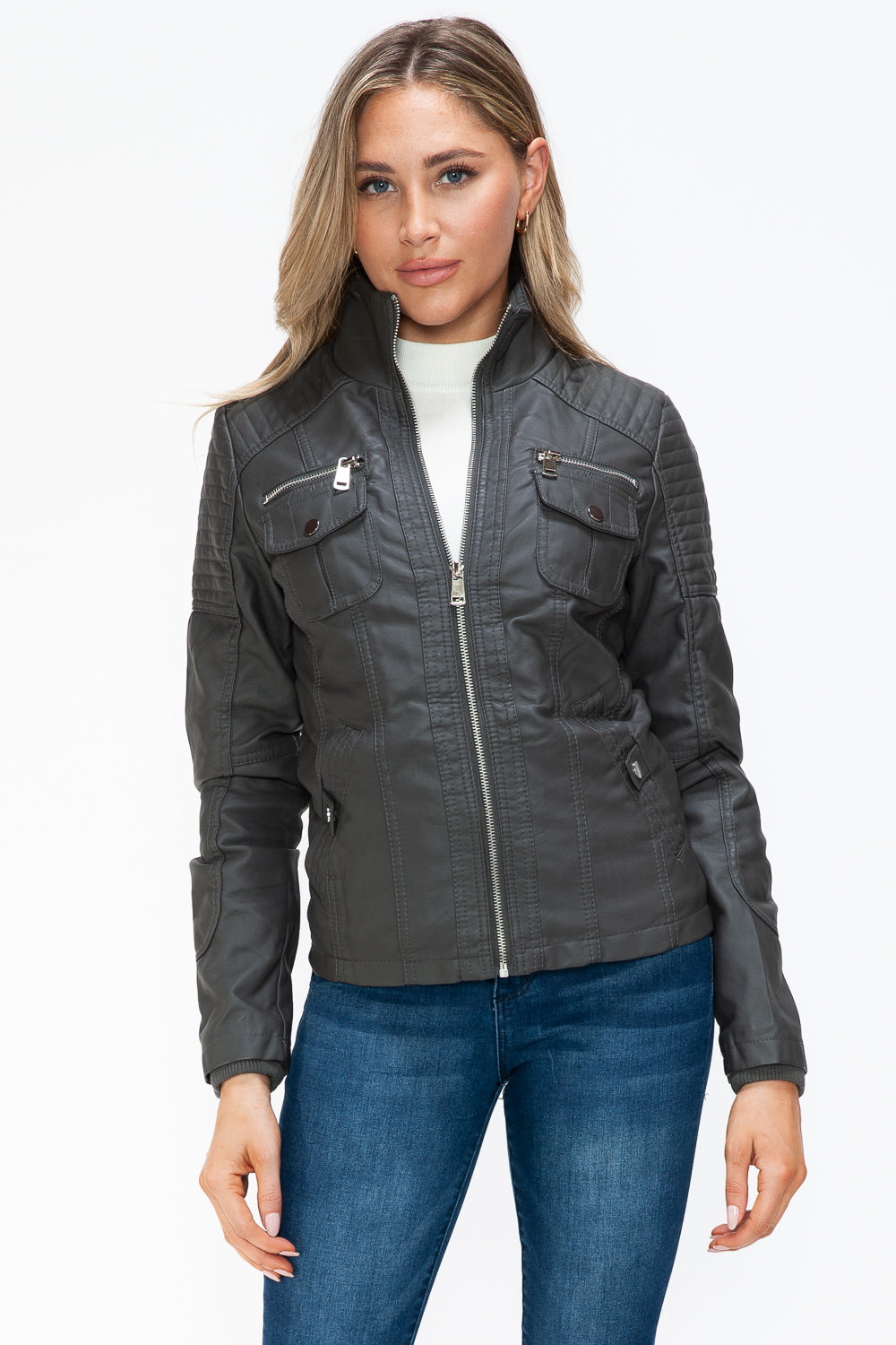 Ymi Removable Faux Layered Multi Pocket Jacket With Fuzzy Hood 1