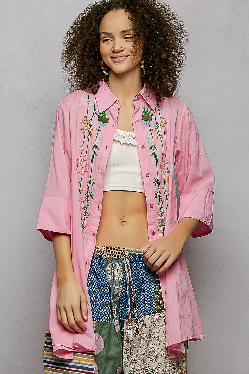 Pink Pol Floral Embroidered Half Sleeve Cotton Shirt