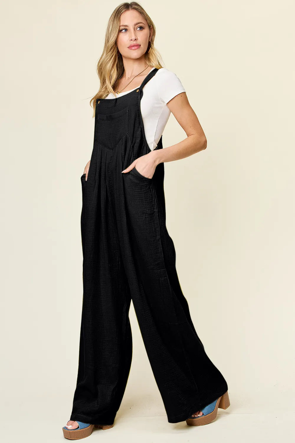Black Double Take Full Size Texture Wide Strap Wide Leg Overall