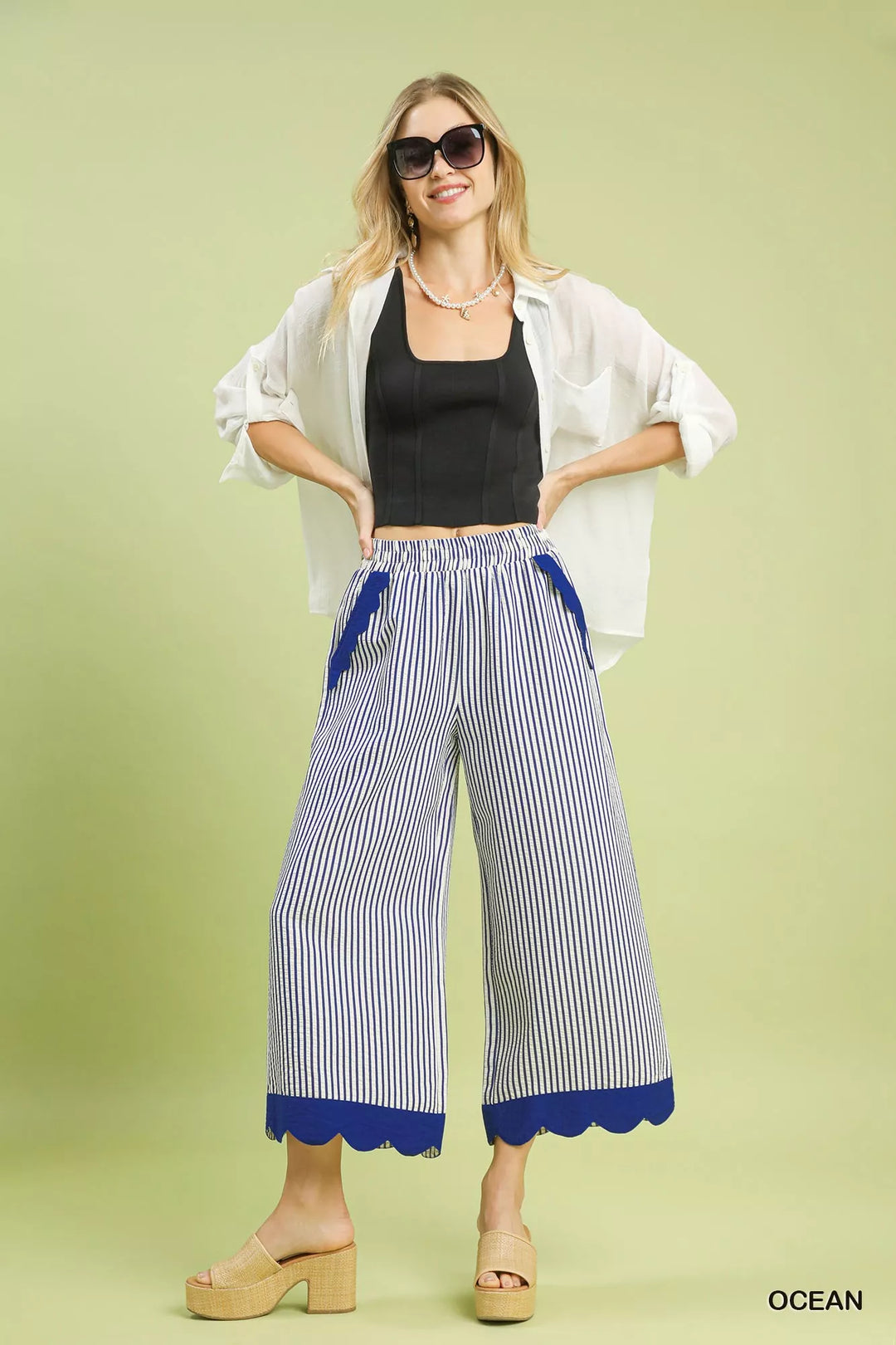 Umgee Stripe Scallop Hem Wide Leg Pants 1