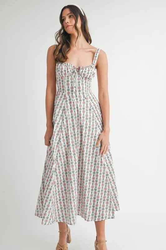 Cream Mable Floral Print Bustier Back Lace Up Midi Dress 1