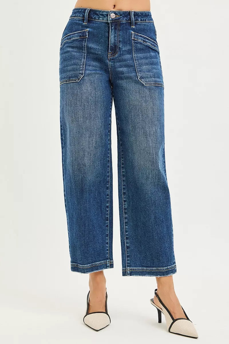 Dark Risen Slouchy Cropped Baggy Jeans With Front Patch Pocket