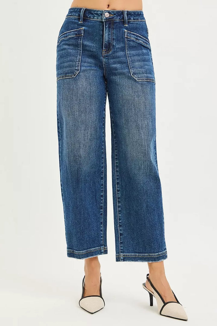 Dark Risen Slouchy Cropped Baggy Jeans With Front Patch Pocket