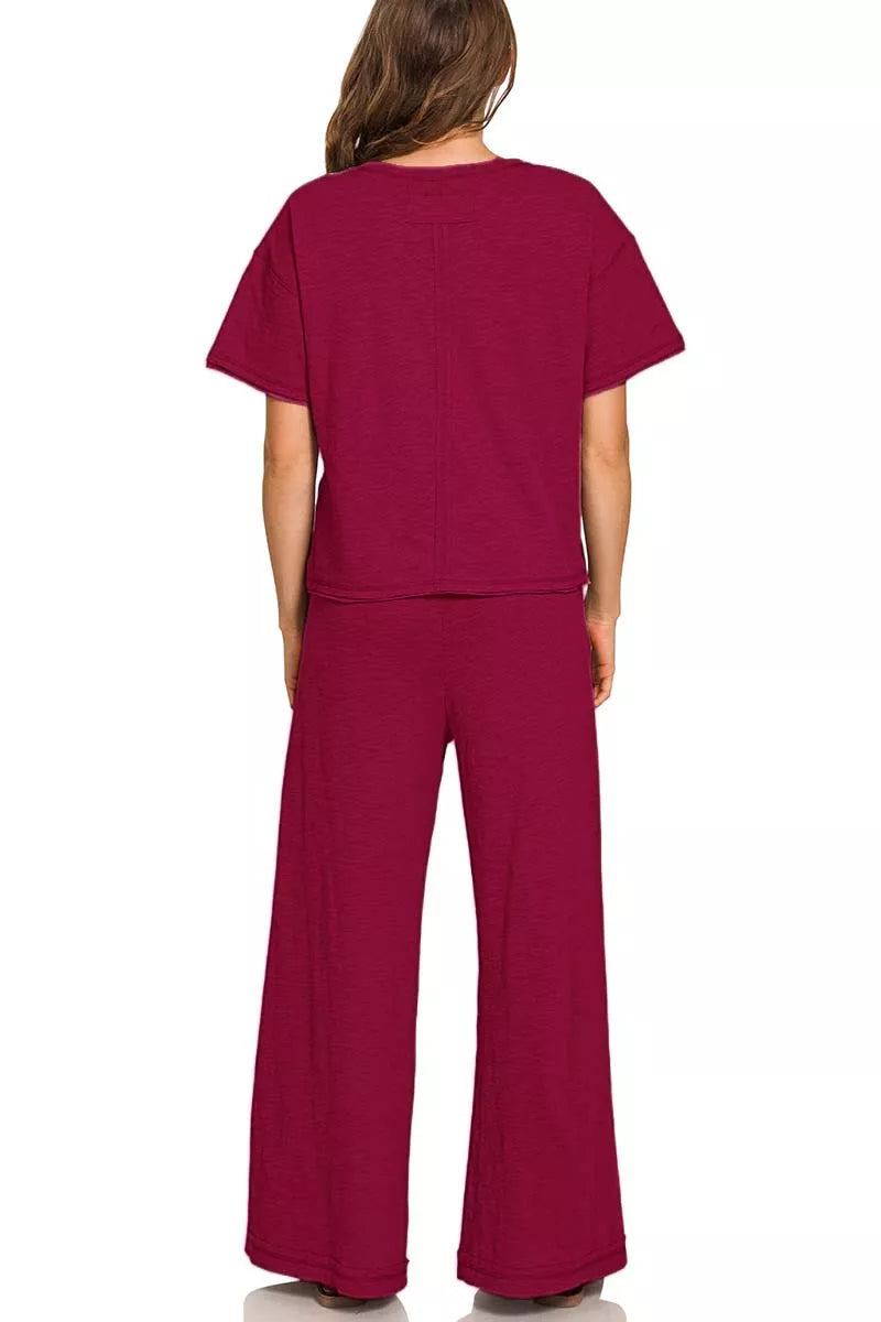 Cabernet Zenana Cotton Slub Short Sleeve Tee And Pants Set 1