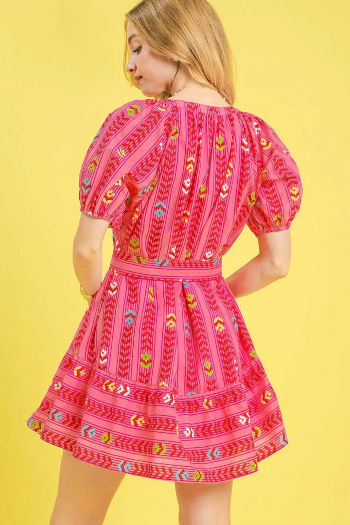 Hot Pink Umgee Printed Tie Waist Puff Short Sleeve Mini Dress