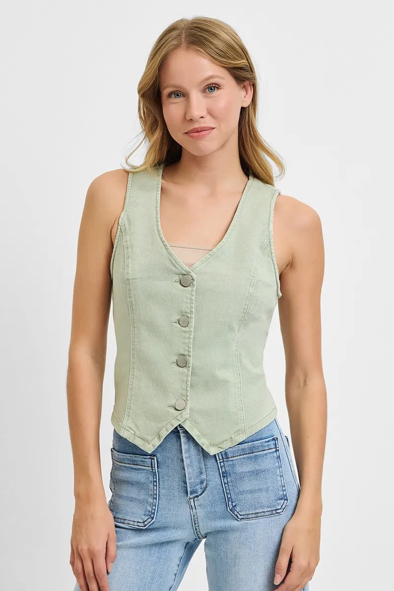Pistachio Risen Full Size V Neck Button Down Vest Plus Size 1
