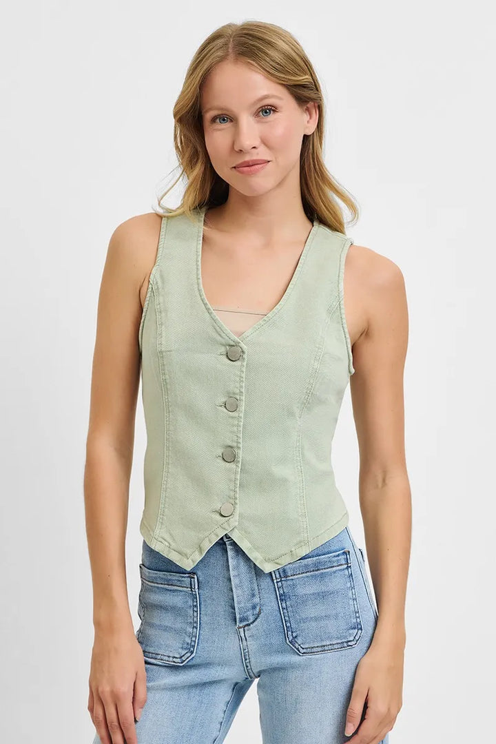 Pistachio Risen Full Size V Neck Button Down Vest Plus Size 1