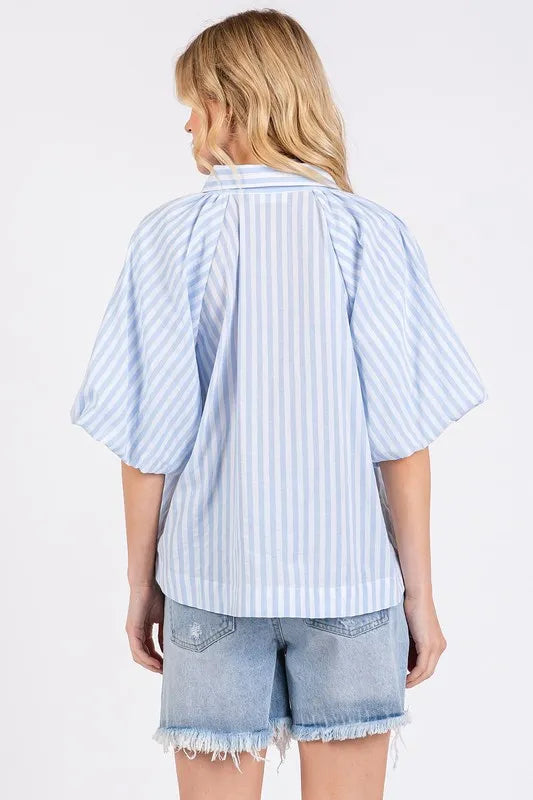 Light Blue Mittoshop Button Down Striped Puff Sleeve Shirt